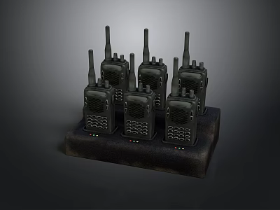 Multiple Black Walkie Talkies Charging On Desktop Dock Station For Communication 3d model
