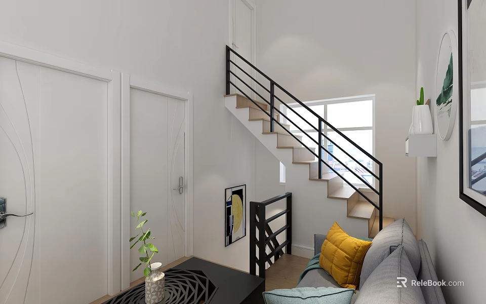 Bright White Living Dining Area With Staircase Black Railing Gray Sofa And Natural Light 3d model 