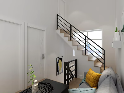 Bright White Living Dining Area With Staircase Black Railing Gray Sofa And Natural Light 3d model