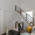 Bright White Living Dining Area With Staircase Black Railing Gray Sofa And Natural Light