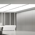 Modern Front Desk Reception Interior With Wooden Walls Gray Sofas And Ceiling Light Strips 3d model