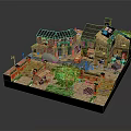 Cartoon Scene Model With Colorful Houses Green Trees Water Pool And Decorative Elements