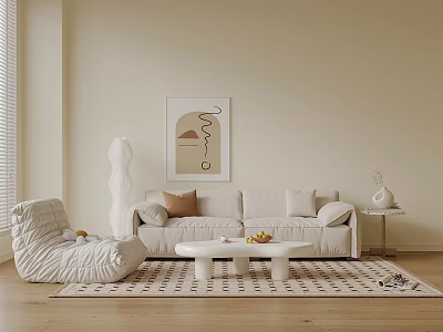 Modern Beige Sofa and Coffee Table Set with Abstract Art Floor Lamp and Geometric Rug 3d model