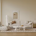 Modern Beige Sofa and Coffee Table Set with Abstract Art Floor Lamp and Geometric Rug