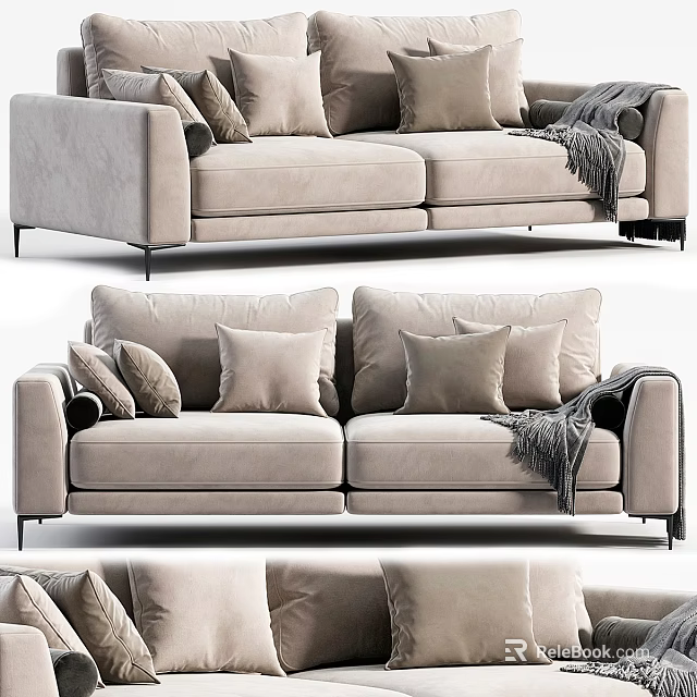 Light Beige Upholstered Two Seater Sofa With Decorative Pillows And Knit Throw Blanket 3d model