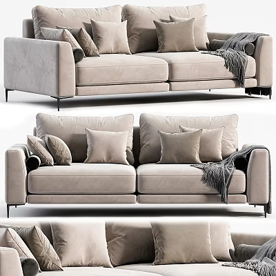 Light Beige Upholstered Two Seater Sofa With Decorative Pillows And Knit Throw Blanket 3d model