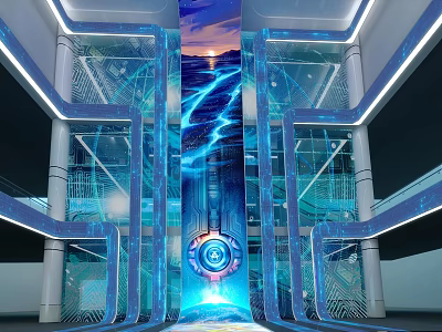 Futuristic Exhibition Hall With Blue Lighting Transparent Structures And Circular Core 3d model