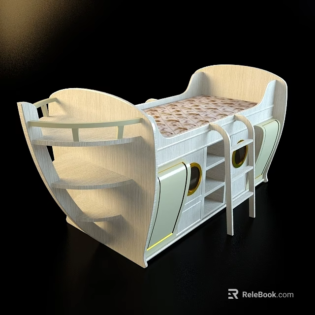 Boat Shaped Wooden Children's Bed With Storage Drawers And Patterned Mattress 3d model 