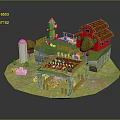 Cartoon Scene with Red House Tower Fence Garden Sheep and Green Plants