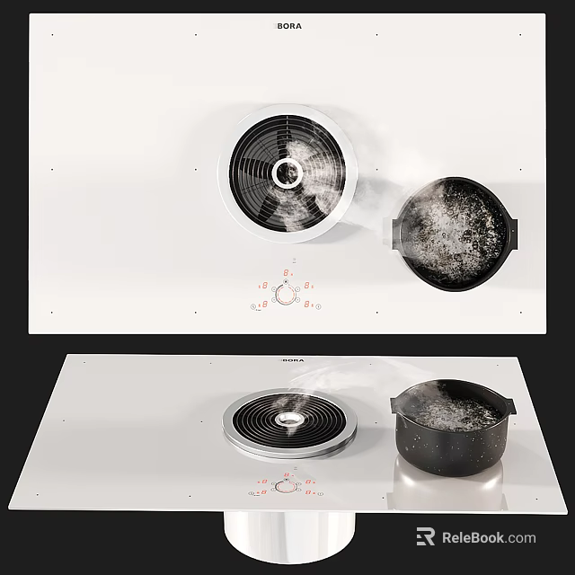 Modern Kitchen Appliances Featuring Sleek Stove Range Hood And Black Cookware Emitting Steam 3d model 