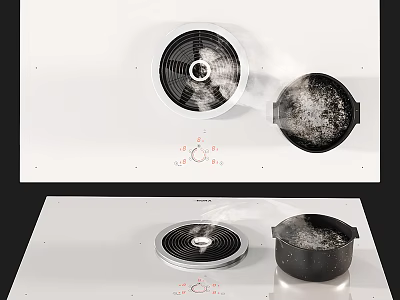 Modern Kitchen Appliances Featuring Sleek Stove Range Hood And Black Cookware Emitting Steam 3d model