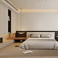 Modern Minimalist Bedroom Interior With Comfortable Bed Headboard Bedside Table And Plant 3d model