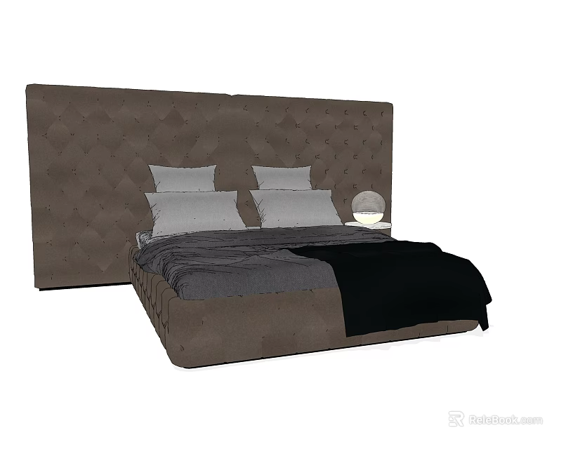 Modern Double Bed With Tufted Headboard Gray And Black Bedding Pillows And Bedside Lamp 3d model 