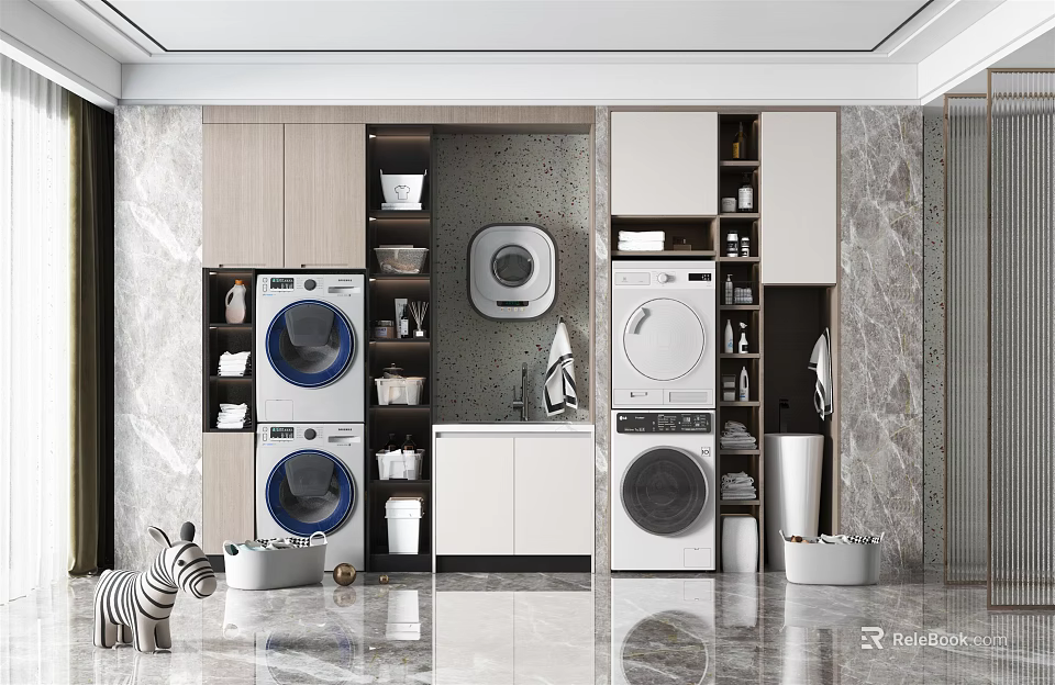 Modern Bathroom Cabinet Rack with Washing Machines Dryers and Storage Cabinets in Laundry Room 3d model 