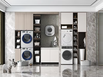 Modern Bathroom Cabinet Rack with Washing Machines Dryers and Storage Cabinets in Laundry Room 3d model