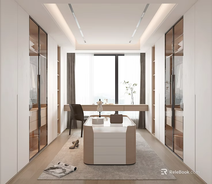 Modern Walk in Closet Interior Design With Mirrored Wardrobes Dressing Table And Natural Light 3d model 
