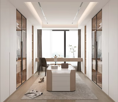 Modern Walk in Closet Interior Design With Mirrored Wardrobes Dressing Table And Natural Light 3d model