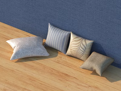 Decorative Pillows With Various Patterns Placed On Wooden Floor Against Blue Wall 3d model