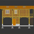 Cartoon Scene of Yellow House with Yellow Roof White Support Columns Railing and Stairs