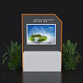 Exhibition Island with Screen Displaying Green Island Building and Surrounding Green Plants on White Base