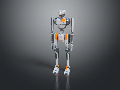 Silver Orange Robot Game Movie Character With Detailed Mechanical Design Standing Pose Shiny Metallic Surface 3d model