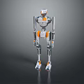 Silver Orange Robot Game Movie Character With Detailed Mechanical Design Standing Pose Shiny Metallic Surface
