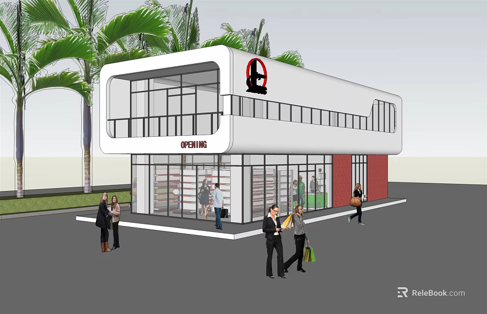 Modern Retail Store Exterior With White Facade Red Accents Glass Windows And Palm Trees 3d model 