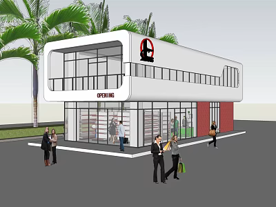Modern Retail Store Exterior With White Facade Red Accents Glass Windows And Palm Trees 3d model