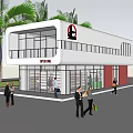 Modern Retail Store Exterior With White Facade Red Accents Glass Windows And Palm Trees