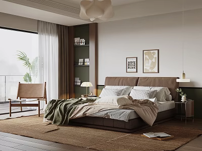 Cozy Modern Bedroom Interior With Comfortable Bed Framed Paintings And Woven Rug On Wooden Floor 3d model