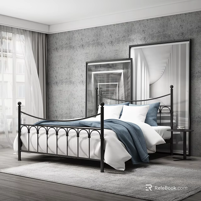Black Metal Double Bed With Curved Railings White Sheets Blue Blanket Mirror And Nightstand 3d model 