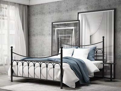 Black Metal Double Bed With Curved Railings White Sheets Blue Blanket Mirror And Nightstand 3d model
