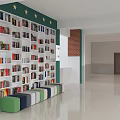 School Interior With Bookshelves Full Of Books And Colorful Cushions In Spacious Hallway