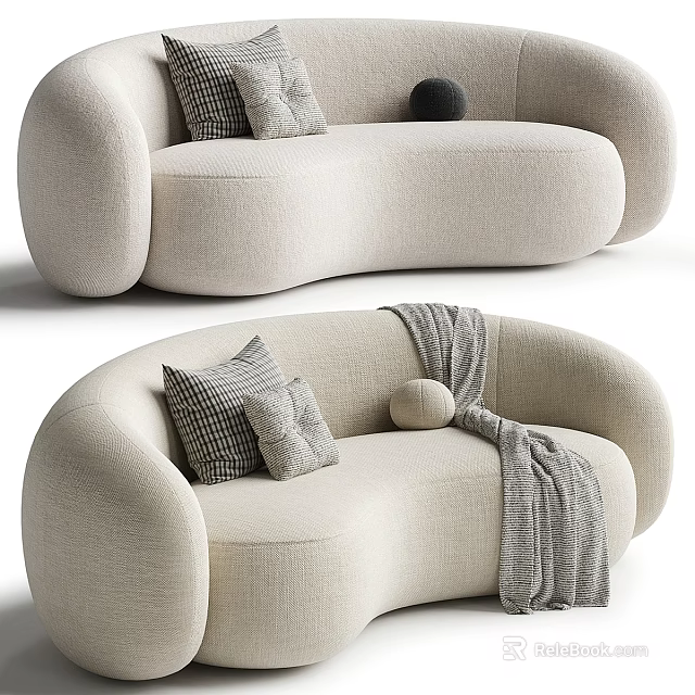 Modern Minimalist Two Seater Sofa With Cream Upholstery Curved Design Plaid Cushions And Decorative Ball 3d model 