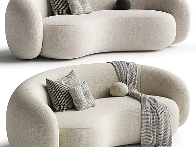 Modern Minimalist Two Seater Sofa With Cream Upholstery Curved Design Plaid Cushions And Decorative Ball 3d model