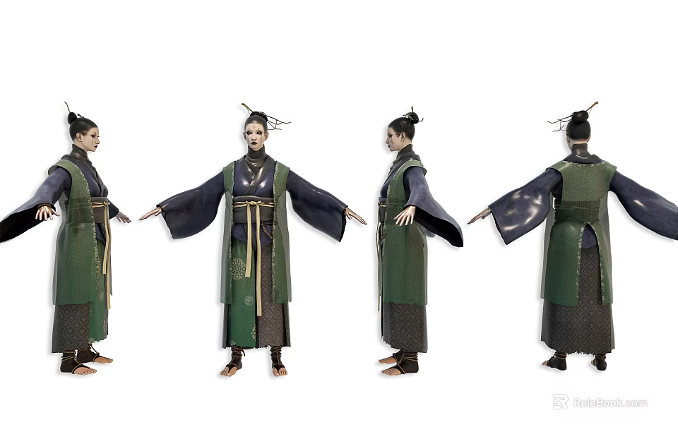 Traditional Costume Character Four Angles Display With Green Robe Hair Ornament And Sash 3d model 