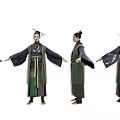 Traditional Costume Character Four Angles Display With Green Robe Hair Ornament And Sash