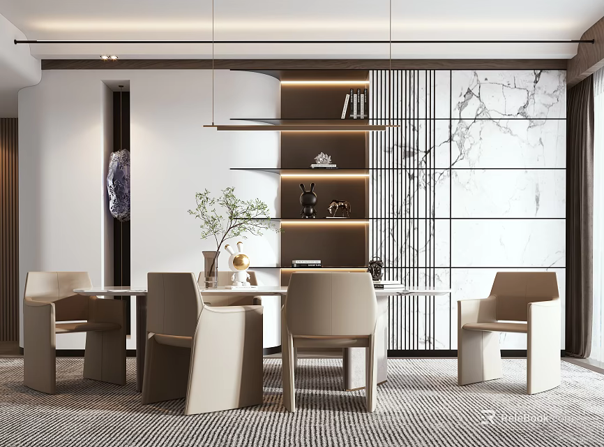 Modern Restaurant Interior With Dining Table Chairs Hanging Lights And Marble Wall 3d model