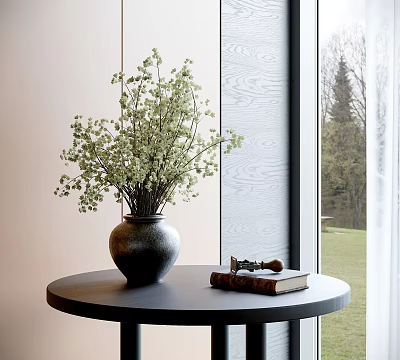 Modern Minimalist Decorative Ornament Set With Vase Green Plants Book On Black Round Table 3d model