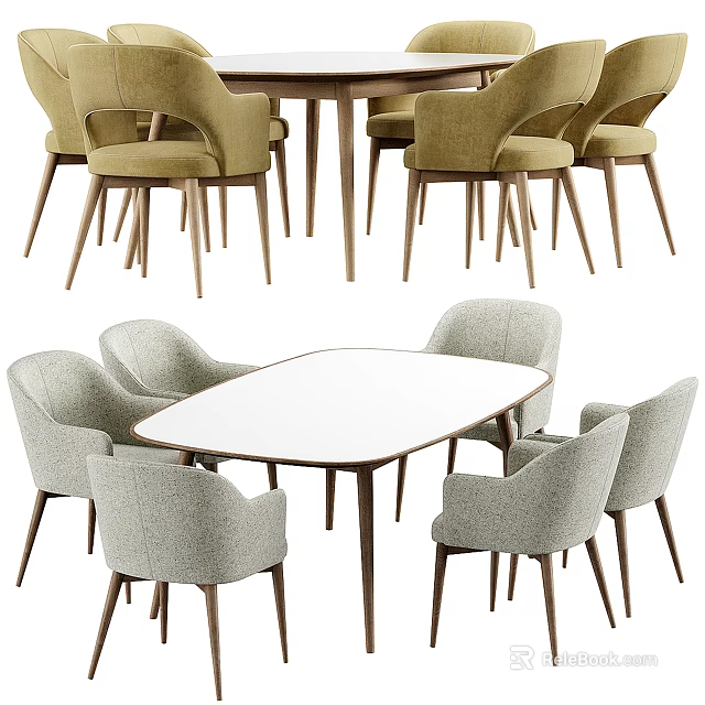 Sleek Dining Table Set With Wooden Legs White Tabletop And Upholstered Chairs 3d model