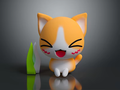 Cartoon Orange And White Cat With Happy Closed Eyes And Blushing Cheeks Near Green Leaf 3d model