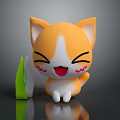 Cartoon Orange And White Cat With Happy Closed Eyes And Blushing Cheeks Near Green Leaf