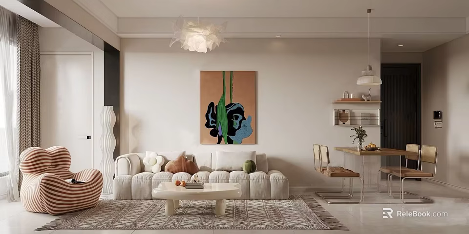 Modern Open Living Dining Room Interior With Sofa Dining Table Artwork And Chandelier 3d model