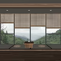 Japanese Style Bamboo Window Curtains in Cozy Room Interior with Mountain View and Tatami Mat
