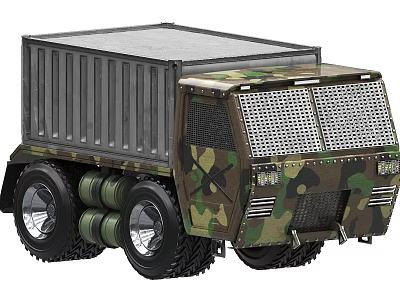 Camouflage Military Truck With Container Cargo Mesh Front Grille And Large Wheels 3d model