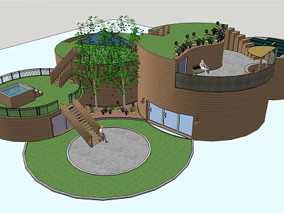 Unique Detached Villa With Circular Design Wooden Exterior Green Lawn Trees And Pool Terrace 3d model