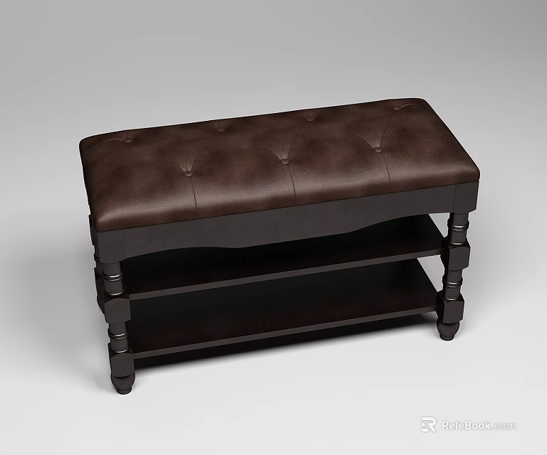 Dark Brown Leather Tufted Sofa Bench With Wooden Legs And Storage Shelves 3d model 