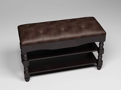 Dark Brown Leather Tufted Sofa Bench With Wooden Legs And Storage Shelves 3d model