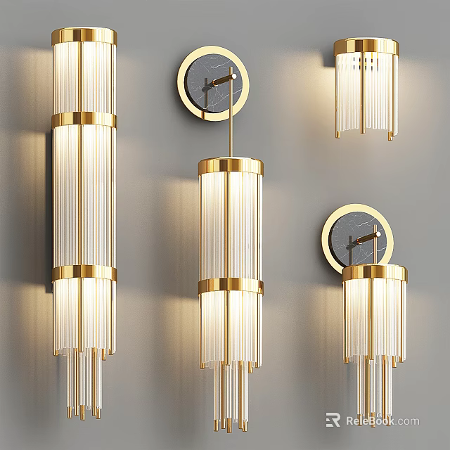 Modern Golden Wall Lamps With Transparent Striped Glass Shades For Interior Lighting Design 3d model 