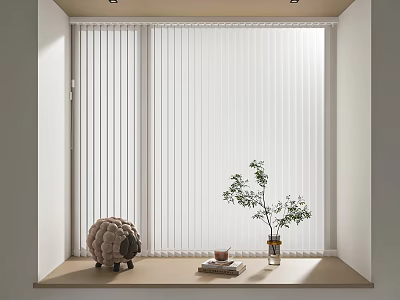 White Vertical Blinds Bright Room Window Sill With Plush Toy Books Cup And Green Plant 3d model
